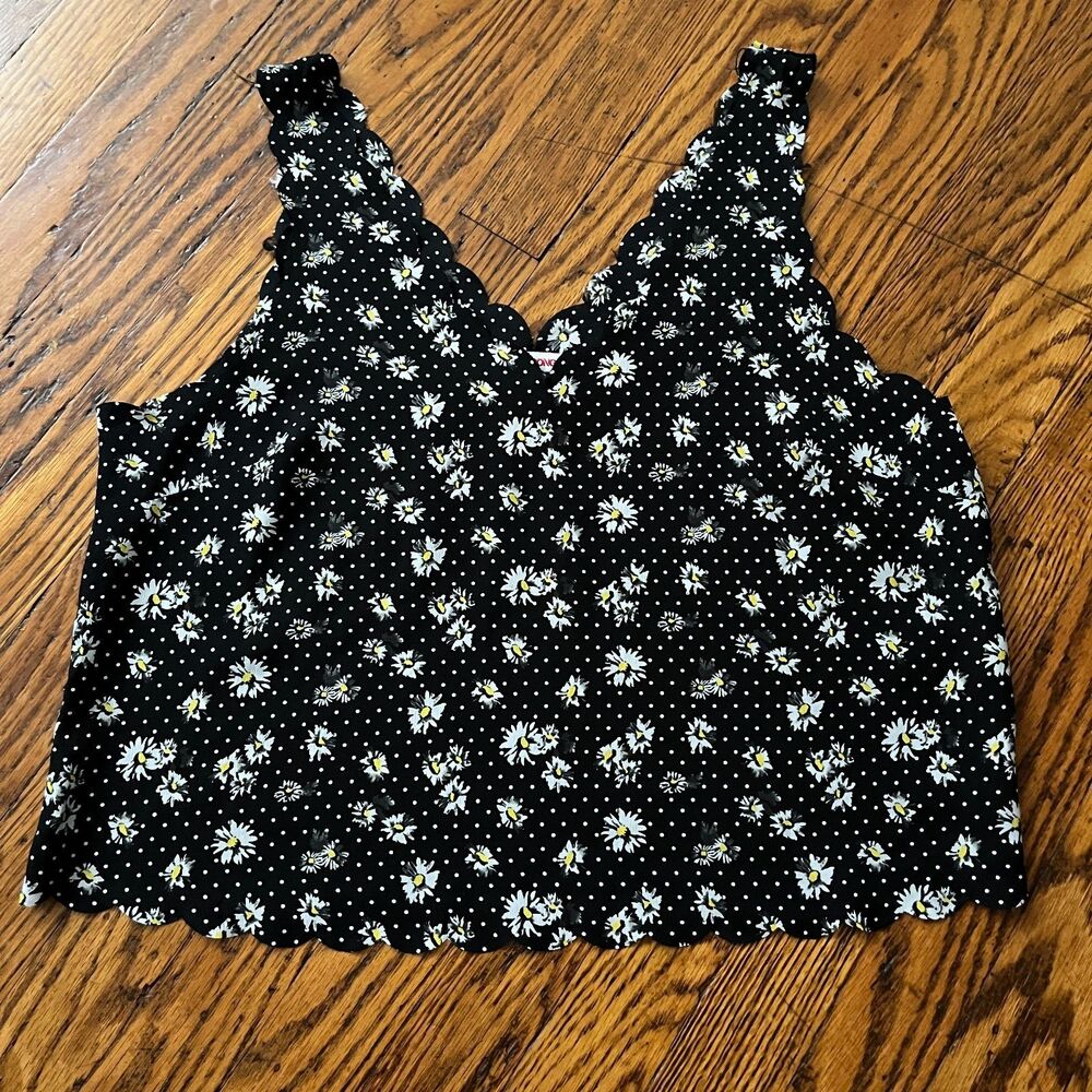 BONGO Dandelion Floral Polka Dot Print Black V-Neck Scoop Hem Tank Top Woman's S